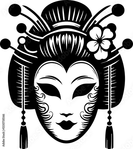 sketch vector illustration silhouette design detail ornament beautiful woman geisha ethnic traditional classic vintage japan 