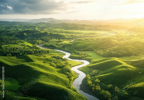 Serene Landscape of Lush Green Hills With Meandering River Under Soft Golden Light at Sunrise in Nature's Majestic Beauty