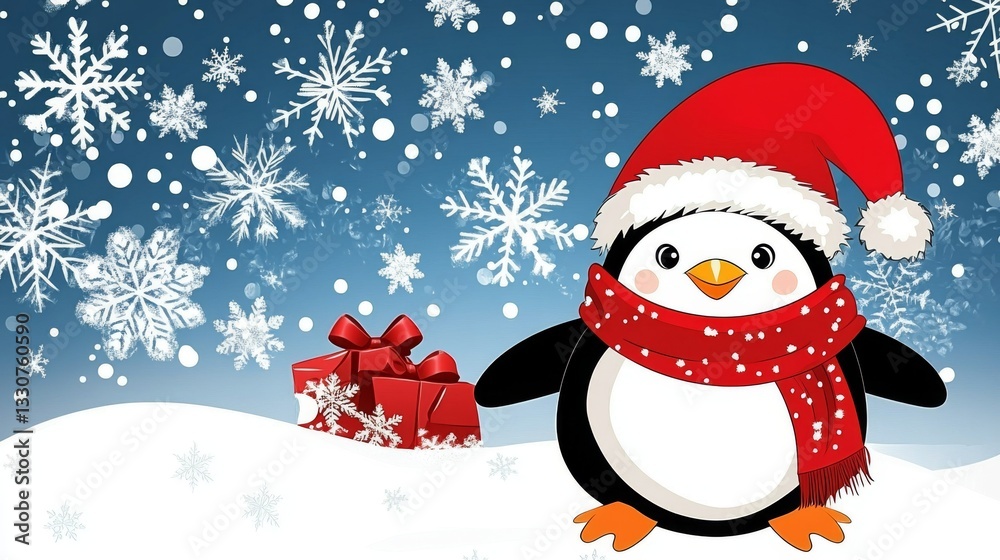 Christmas Penguin with Gift and Snowflakes Christmas Penguin with Gift and Snowflakes