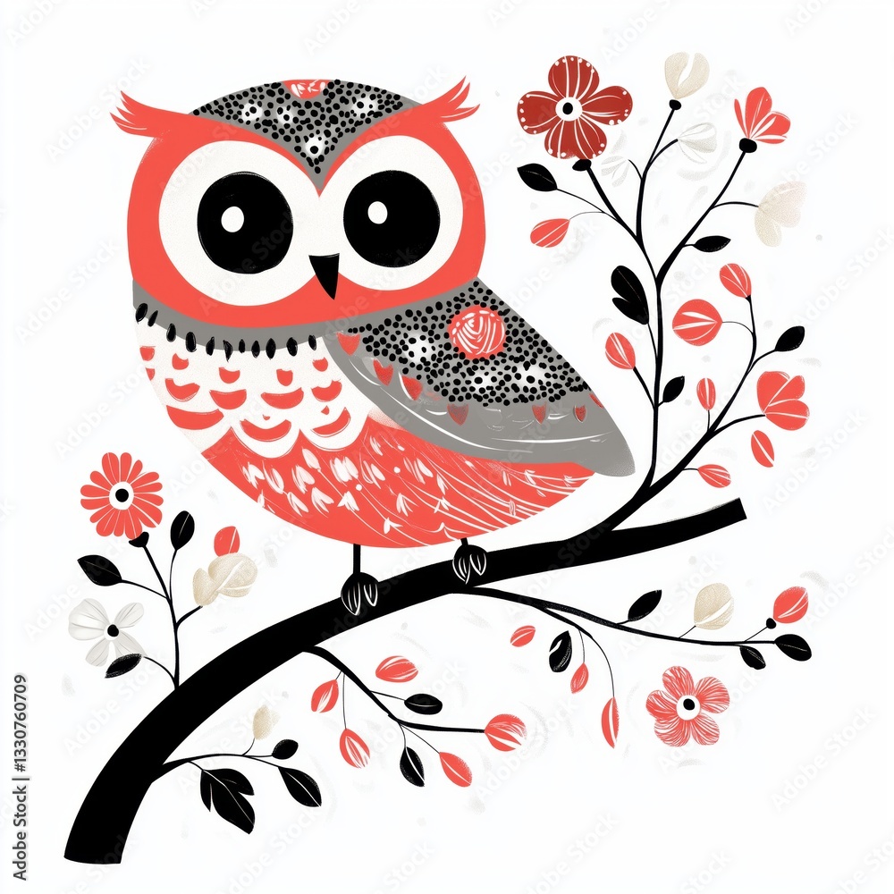 Fototapeta premium A stylized cartoon owl, pinkish-red with gray-white plumage details and large, round eyes, perched on a black twig with decorative swirling floral patterns and small red and white flowers