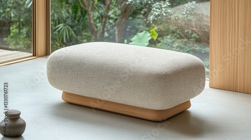 Soft, rounded ottoman with light beige fabric and wood base