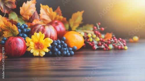 Bright red apples, blue grapes, and seasonal flowers are artfully arranged with autumn leaves on a wooden table, illuminated by warm light