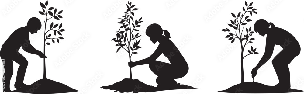 Silhouette of a person planting a tree vector silhouette Silhouette of a person planting a tree vector silhouette