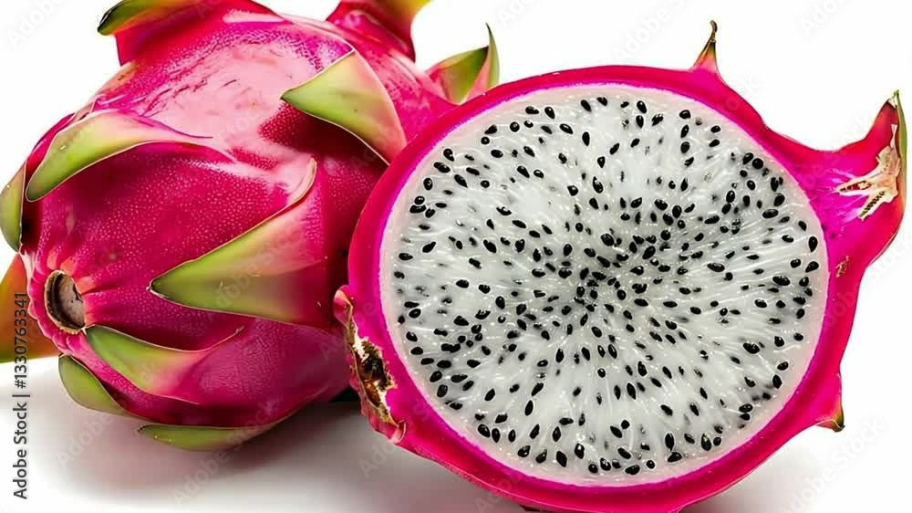 Vibrant dragon fruit cut open, revealing its white flesh speckled with black seeds Vibrant dragon fruit cut open, revealing its white flesh speckled with black seeds