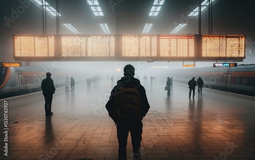 Foggy Train Station at Night with Orange Illuminated Destination Board