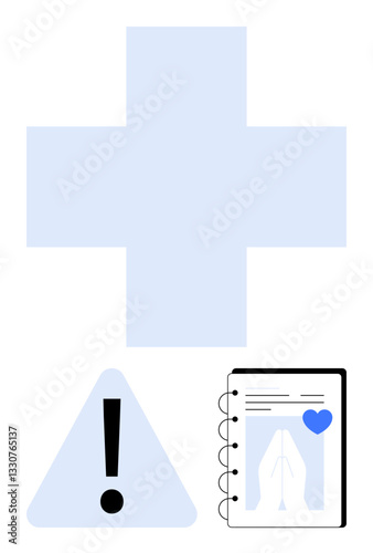 Large blue healthcare cross, triangular warning sign with exclamation mark, notebook page showing folded hands and heart icon. Ideal for healthcare, safety, emergency, alertness, wellness