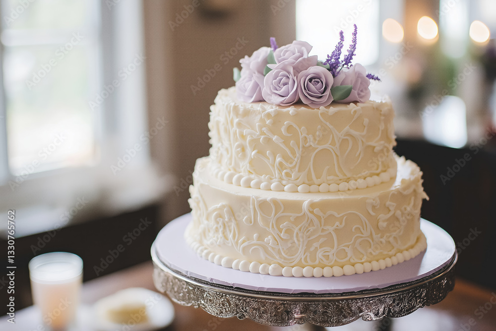 Fototapeta premium vintage inspired two tiered wedding cake with lavender floral decorations and ivory fondant