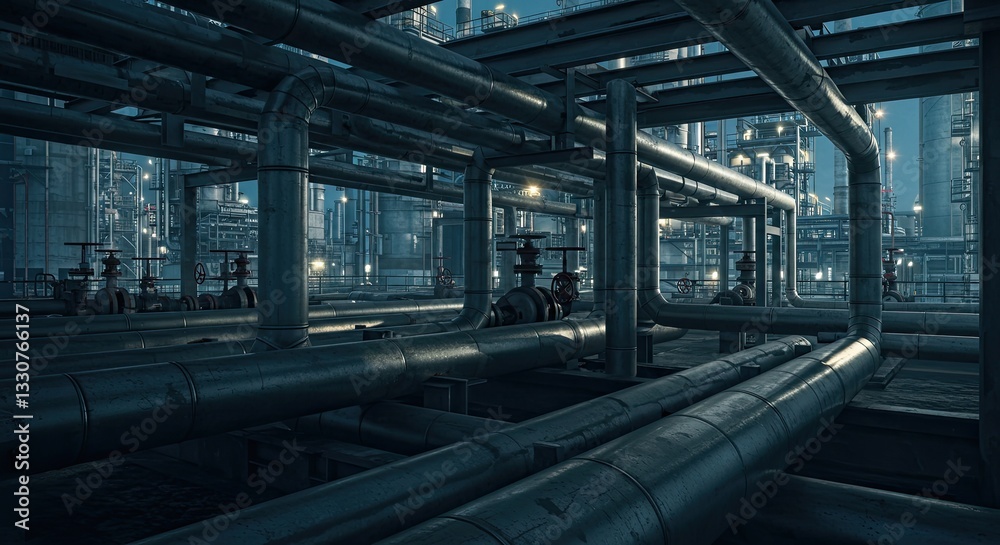 Industrial night scene featuring complex metal pipeline and modern infrastructure