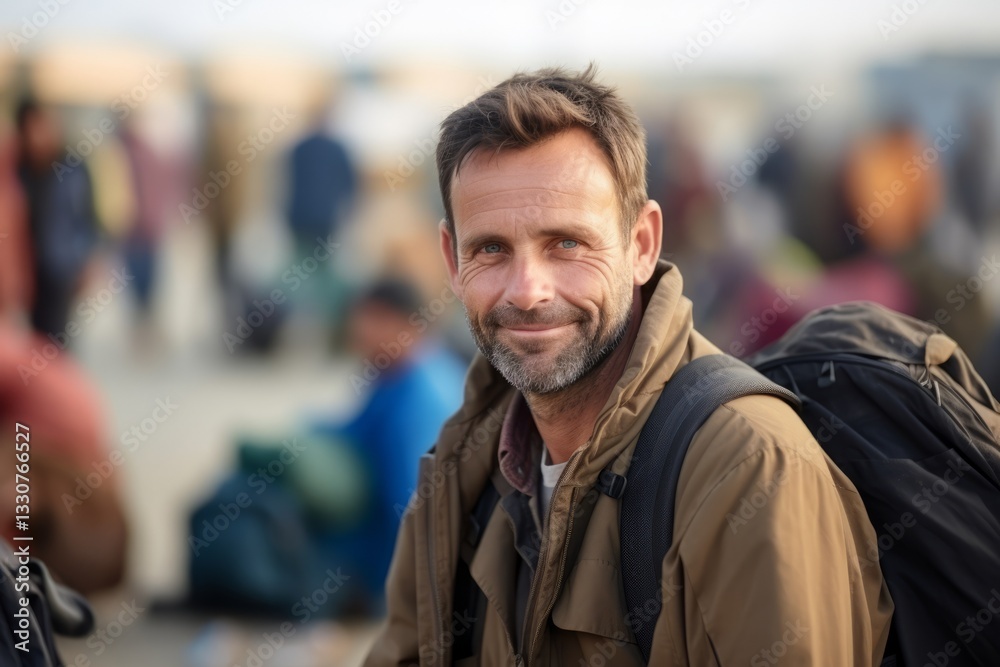Portrait of a handsome middle-aged man with backpack looking at camera Portrait of a handsome middle-aged man with backpack looking at camera