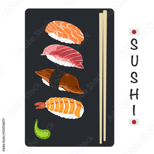 Set of different types of sushi vector illustration. Delicious food. Popular Japanese food. Nigiri sushi. Raw fish on rice. Recipe. Cooking. Menu. Restaurant. For food design, poster and background.