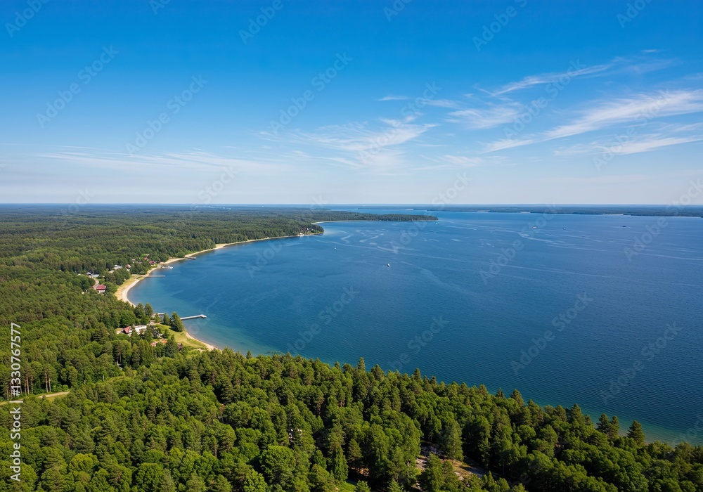 Fototapeta premium Serene aerial view of coastal forest and tranquil blue lake under clear sky