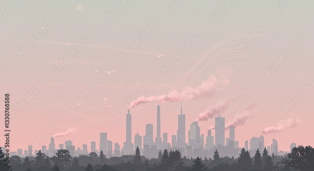 Serene sunset cityscape with silhouetted trees and smoky pink sky horizon