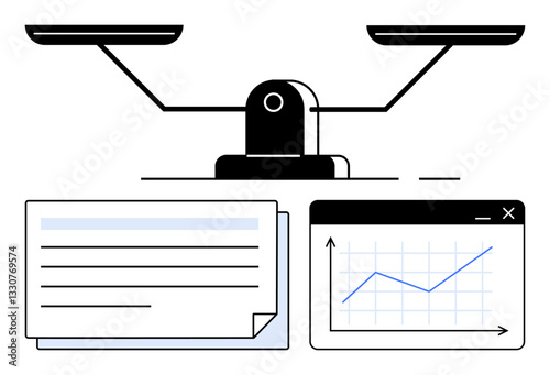 Scales symbolize balance, documents represent textual analysis, and graphs highlight data trends. Ideal for decision-making, analysis, data visualization, comparison, evaluation, research strategic