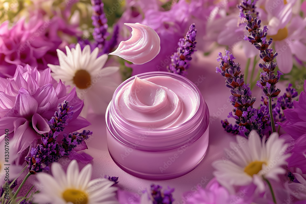luxurious skincare cream in a jar surrounded by vibrant purple and pink flowers luxurious skincare cream in a jar surrounded by vibrant purple and pink flowers
