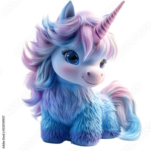 Fluffy 3D Cartoon Unicorn with Blue Mane and Pink Hair Isolated on Transparent Background
