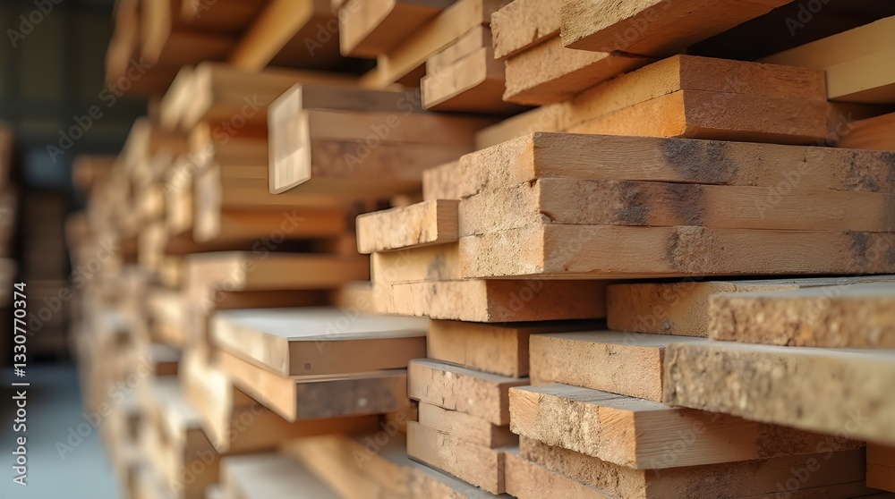 Stacked wood planks with natural grain in a lumber yard Stacked wood planks with natural grain in a lumber yard