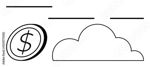 Coin with dollar sign near a cloud and horizontal lines symbolizing data flow and digital finance. Ideal for digital economy, cloud storage, online money, financial technology, innovation, secure