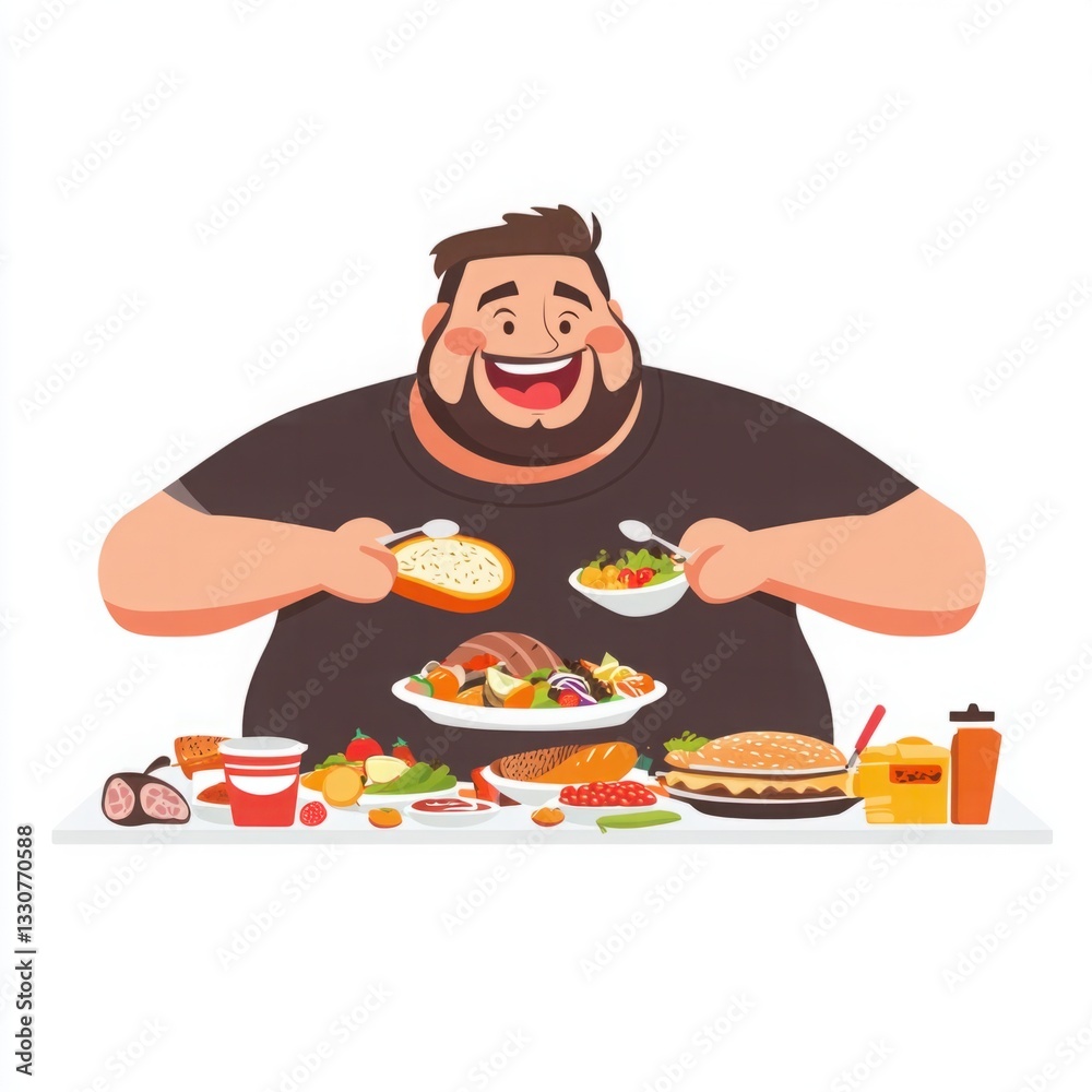 Happy man enjoying a diverse feast with various dishes, including salad, meat, dessert, and beverages, celebrating food in a cheerful environment Happy man enjoying a diverse feast with various dishes, including salad, meat, dessert, and beverages, celebrating food in a cheerful environment