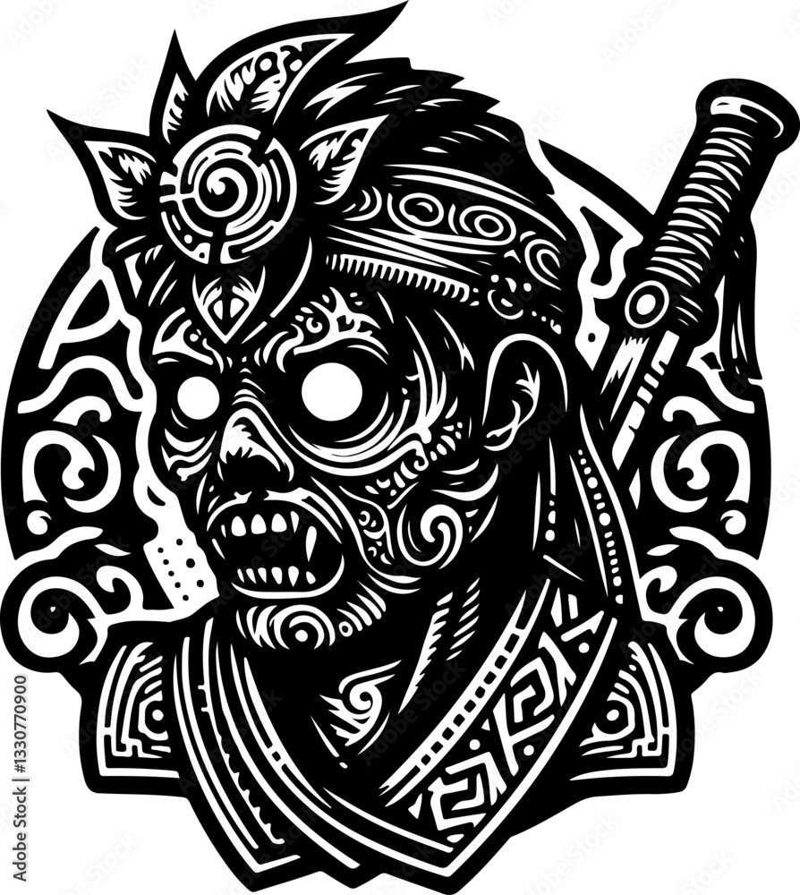 sketch vector illustration silhouette design icon logo symbol zombie skull ethnic traditional vintage full engraving classic  
