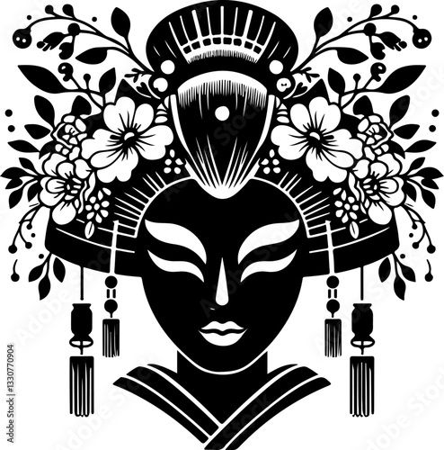 vector sketch illustration silhouette design detail beautiful woman geisha dark face ethnic traditional classic vintage japan 
