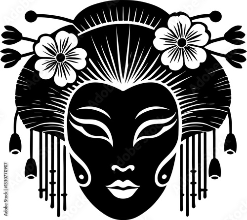 vector sketch illustration silhouette design detail beautiful woman geisha dark face ethnic traditional classic vintage japan 