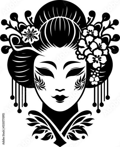 vector sketch illustration silhouette design detail beautiful woman geisha ethnic traditional classic vintage  