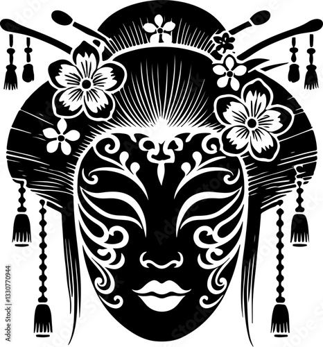 vector sketch illustration silhouette design detail beautiful woman geisha dark face ethnic traditional classic vintage japan  