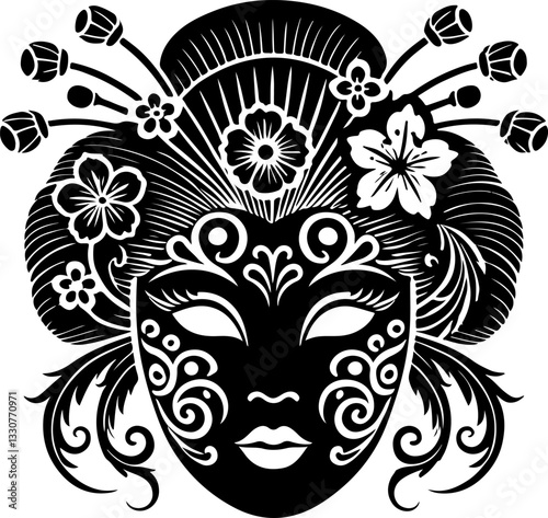 vector sketch illustration silhouette design detail beautiful woman geisha dark face ethnic traditional classic vintage japan 