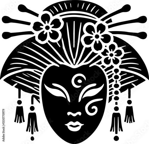 vector sketch illustration silhouette design detail beautiful woman geisha dark face ethnic traditional classic vintage japan 