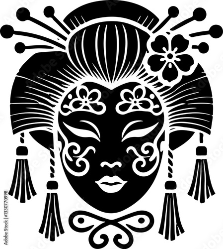 vector sketch illustration silhouette design detail beautiful woman geisha dark face ethnic traditional classic vintage japan 