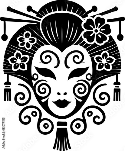 vector sketch illustration silhouette design detail beautiful woman geisha ethnic traditional classic vintage 
