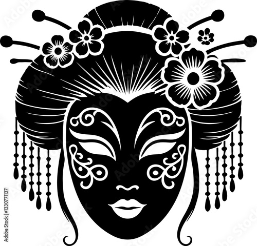 vector sketch illustration silhouette design detail beautiful woman geisha dark face ethnic traditional classic vintage japan  