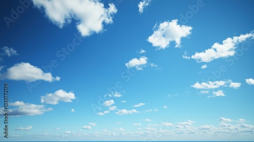 A bright blue sky filled with puffy white clouds