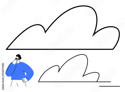 Man with hand on chin stands curiously examining two black-outlined cloud shapes. Ideal for creativity, inspiration, innovation, thinking, design concepts, minimalism, self-reflection. Flat simple