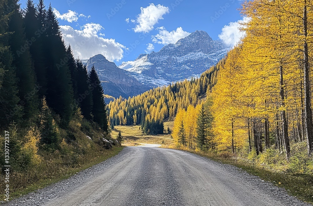 Naklejka premium Serene Mountain Road Surrounded by Vibrant Yellow Trees under a Clear Blue Sky in Autumn Landscape with Majestic Snow-Capped Peaks