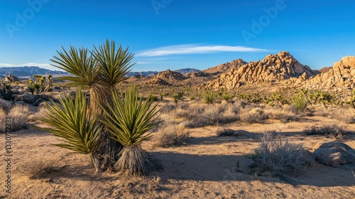 Beautiful landscape featuring desert plants rocky mountains and a blue sky