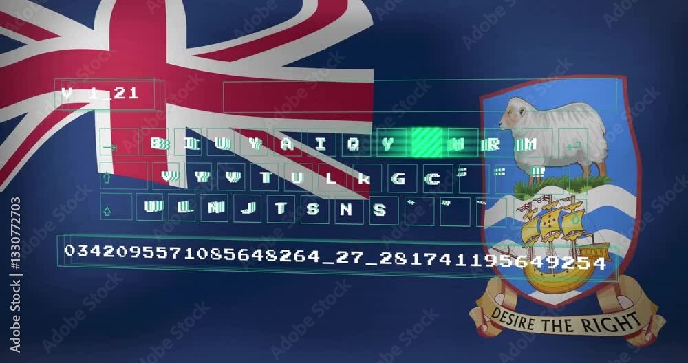 British flag and coat of arms with digital data and keyboard overlay ...