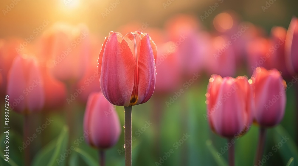Beautiful pink tulips are blooming with early morning sunlight exposure Beautiful pink tulips are blooming with early morning sunlight exposure
