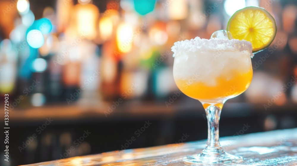 Colorful cocktail with a lime slice rests on a bar counter, highlighting an energetic atmosphere with blurred drinks in the background Colorful cocktail with a lime slice rests on a bar counter, highlighting an energetic atmosphere with blurred drinks in the background