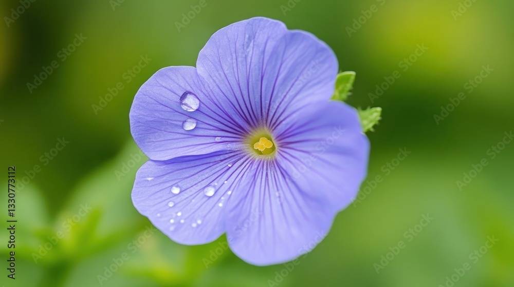 A single purple flower with water droplets against a green backdrop A single purple flower with water droplets against a green backdrop