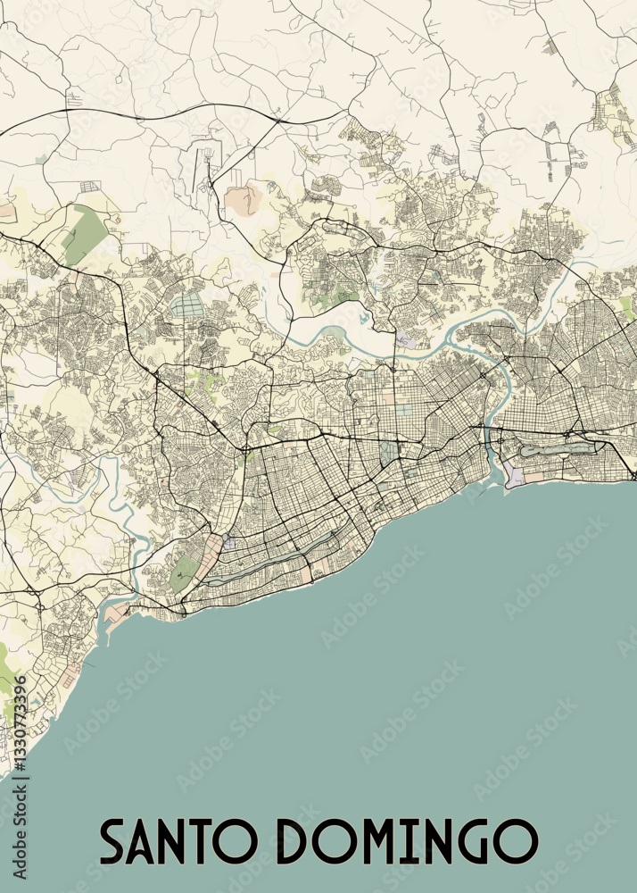 Obraz premium The image showcases a detailed map of Santo Domingo, the capital city of the Dominican Republic. The map is rendered in a minimalist style with black lines representing roads and waterways.