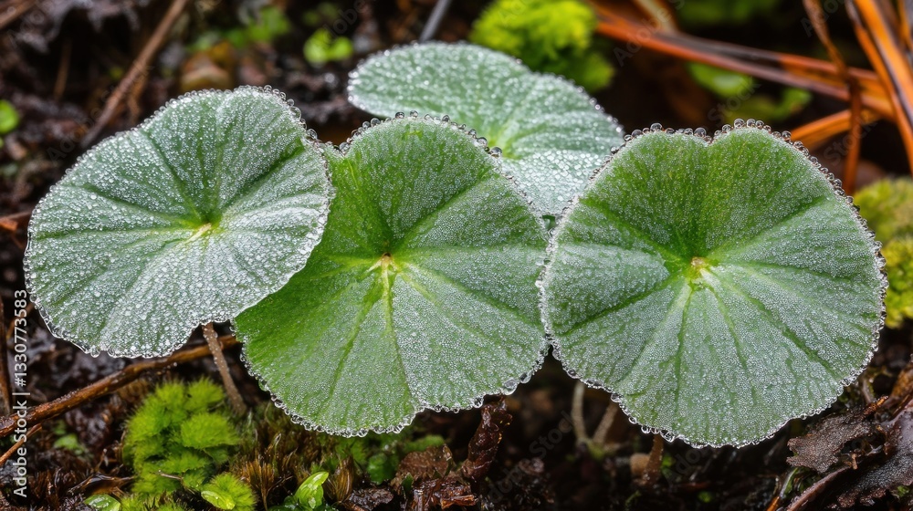 Dew Covered Green Plant Leaves Close Up On The Ground