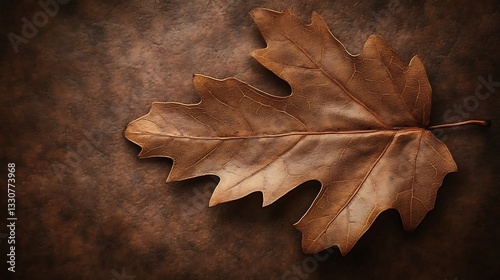 Single Dried Brown Oak Leaf on Dark Background