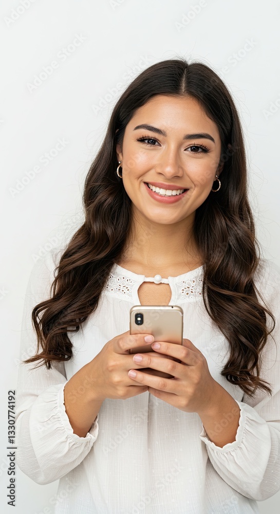 Smiling woman holding smartphone in a casual white blouse Smiling woman holding smartphone in a casual white blouse