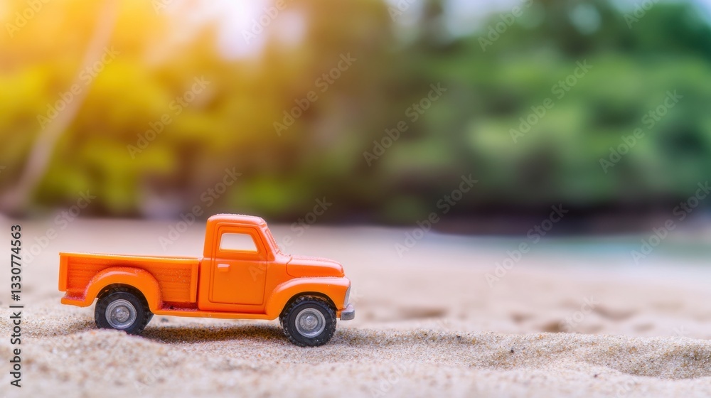 Bright orange toy truck rests on golden sand, surrounded by greenery and near calm waters, evoking a playful summer vibe Bright orange toy truck rests on golden sand, surrounded by greenery and near calm waters, evoking a playful summer vibe