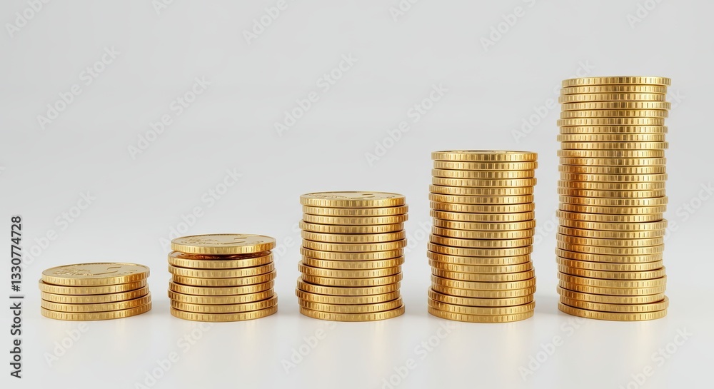 Growing stacks of gold coins representing financial growth and wealth