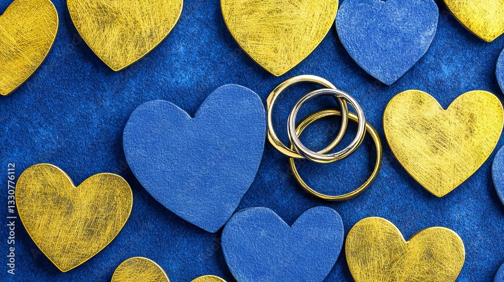 Obraz premium Romantic Gold and Blue Hearts with Wedding Rings