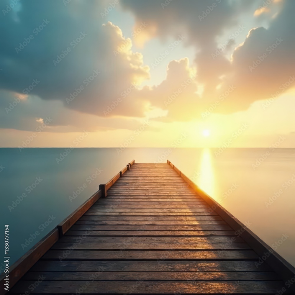 Sun-drenched empty pier stretches into misty sea; cloudy sky backdrop , old, sunlight Sun-drenched empty pier stretches into misty sea; cloudy sky backdrop , old, sunlight