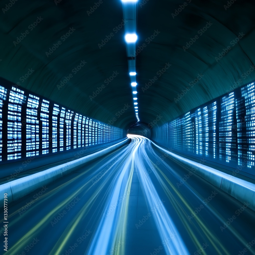 Fototapeta premium Illuminated tunnel showcasing blurred vehicle lights with interior architecture design