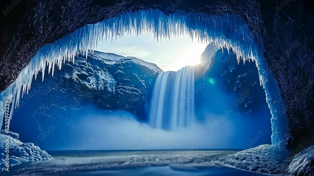 Stunning view of a majestic waterfall flowing into a serene lagoon surrounded by icy cave formations at sunrise